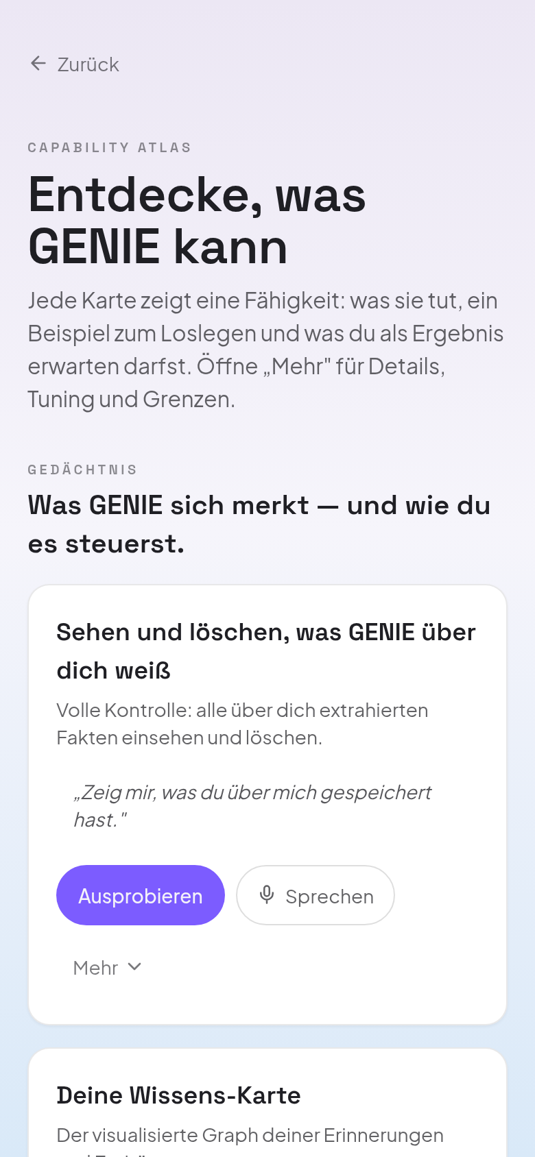 Capability Atlas in der GENIE-App: Karten wie Sehen und löschen, was GENIE über dich weiß mit Ausprobieren-Button.